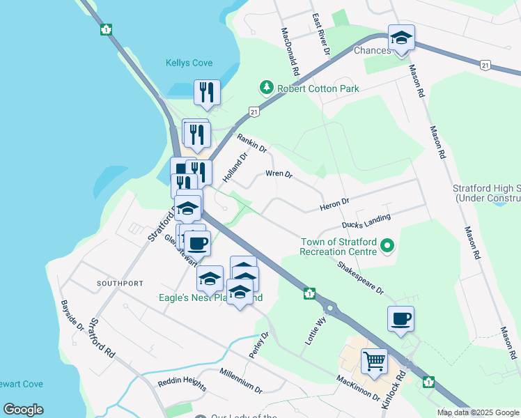 map of restaurants, bars, coffee shops, grocery stores, and more near 76 Heron Drive in Stratford
