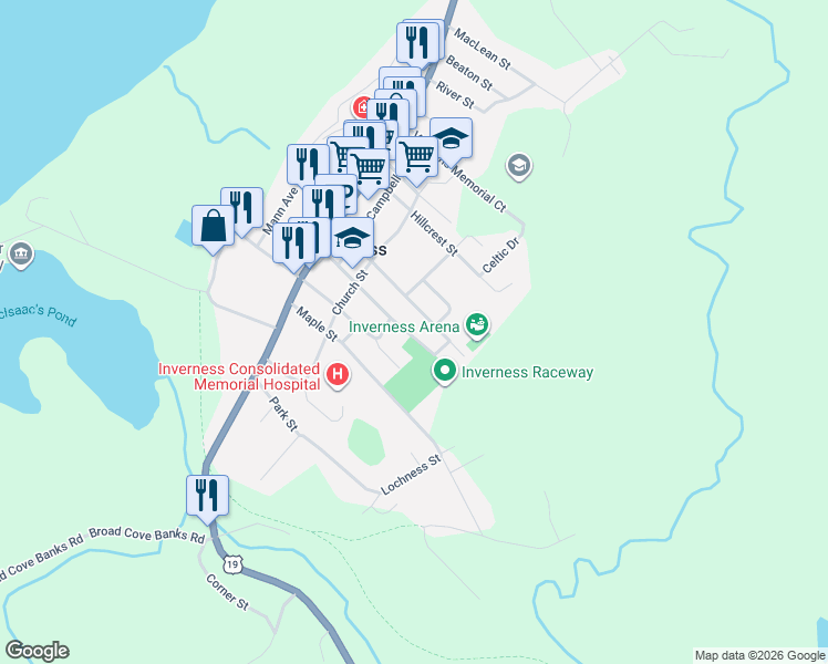 map of restaurants, bars, coffee shops, grocery stores, and more near 84 Forest Street in Inverness