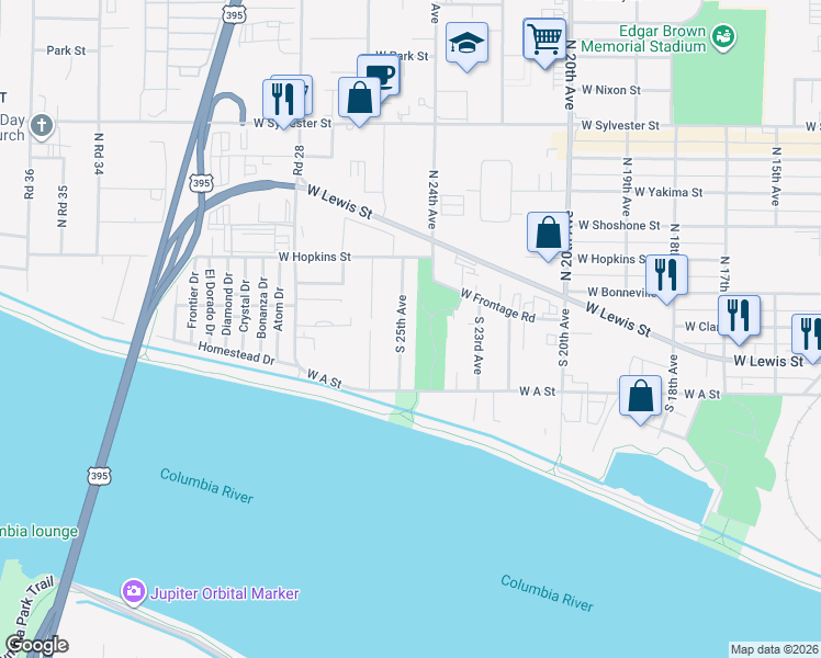 map of restaurants, bars, coffee shops, grocery stores, and more near 509 South 25th Avenue in Pasco