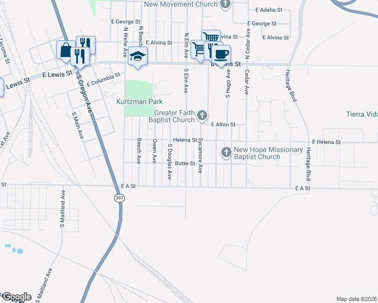 map of restaurants, bars, coffee shops, grocery stores, and more near 620 Sycamore Avenue in Pasco