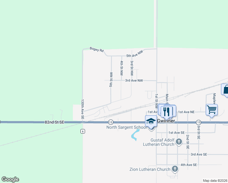 map of restaurants, bars, coffee shops, grocery stores, and more near 404 4th Street Northwest in Gwinner