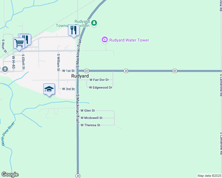 map of restaurants, bars, coffee shops, grocery stores, and more near 19036 East Dor Drive in Rudyard