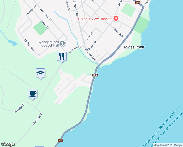 map of restaurants, bars, coffee shops, grocery stores, and more near 750 Shore Road in Sydney Mines