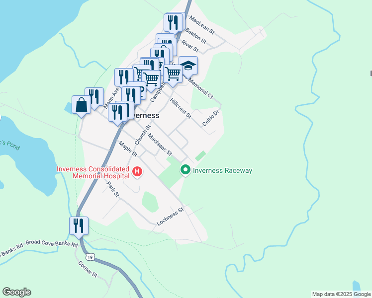 map of restaurants, bars, coffee shops, grocery stores, and more near 87 Forest Street in Inverness