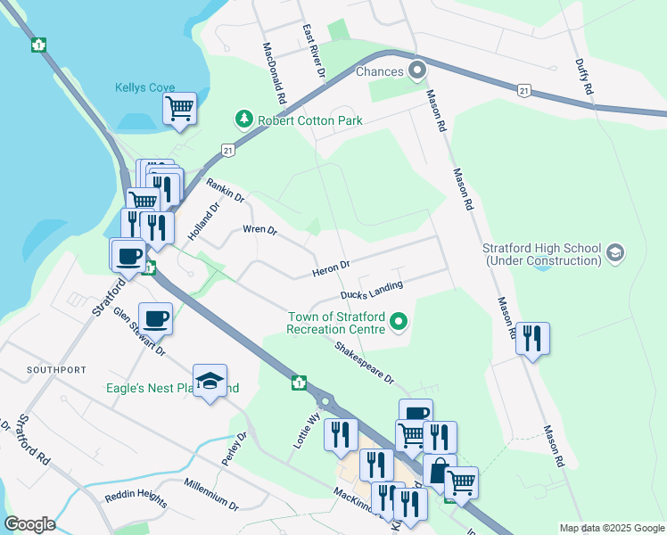 map of restaurants, bars, coffee shops, grocery stores, and more near Heron Drive in Stratford