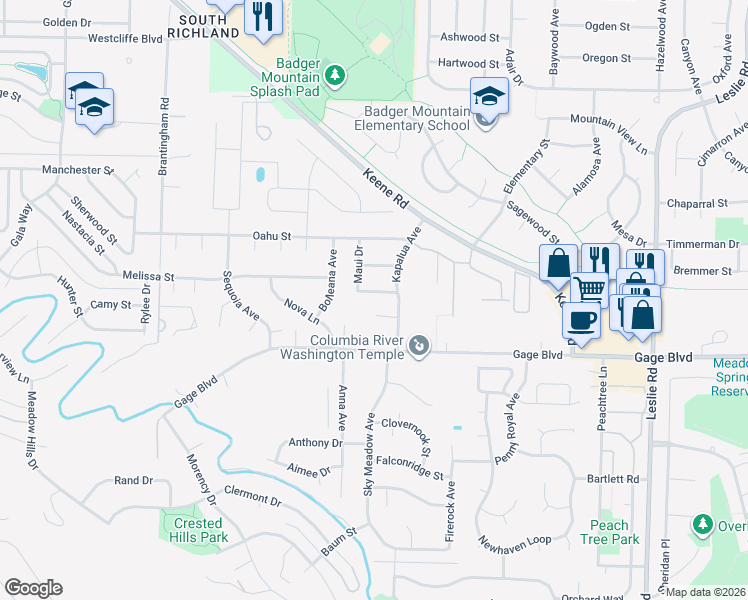 map of restaurants, bars, coffee shops, grocery stores, and more near 1841 Maui Drive in Richland