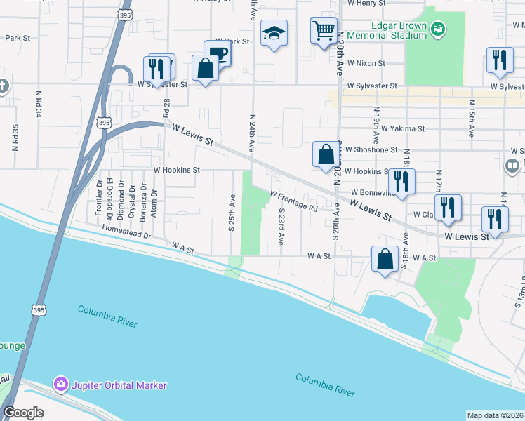 map of restaurants, bars, coffee shops, grocery stores, and more near 2320 West Frontage Road in Pasco