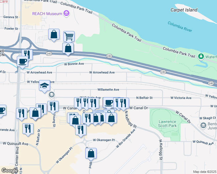 map of restaurants, bars, coffee shops, grocery stores, and more near 6621 West Willamette Avenue in Kennewick
