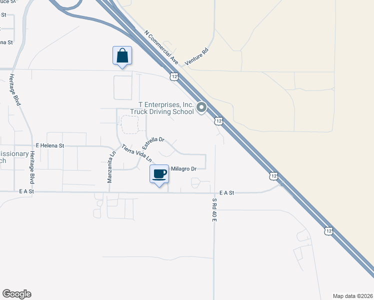map of restaurants, bars, coffee shops, grocery stores, and more near Estrella Drive in Pasco