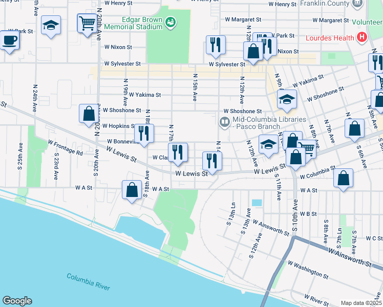 map of restaurants, bars, coffee shops, grocery stores, and more near 1524 W Clark St in Pasco