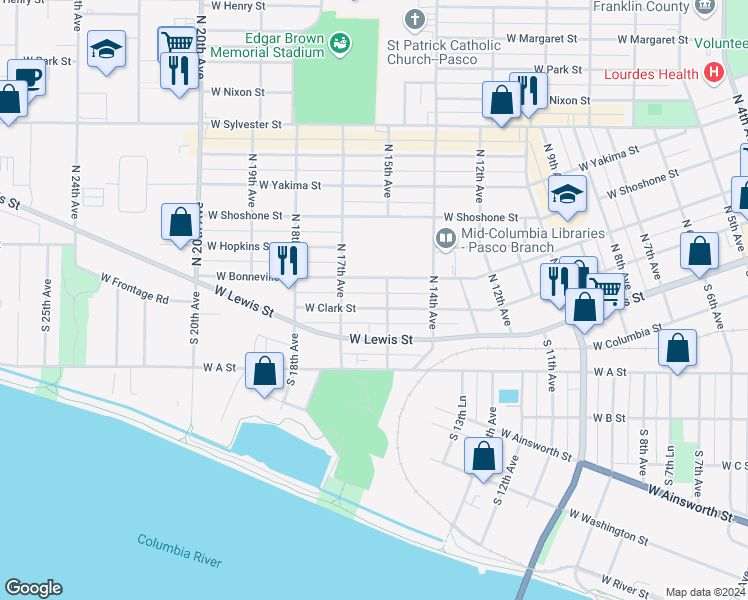 map of restaurants, bars, coffee shops, grocery stores, and more near 1608 West Clark Street in Pasco