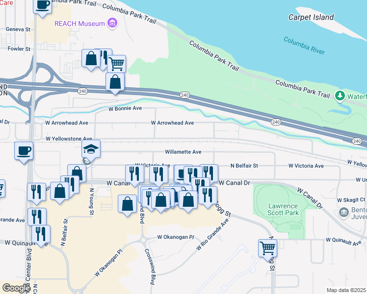 map of restaurants, bars, coffee shops, grocery stores, and more near 6621 West Willamette Avenue in Kennewick