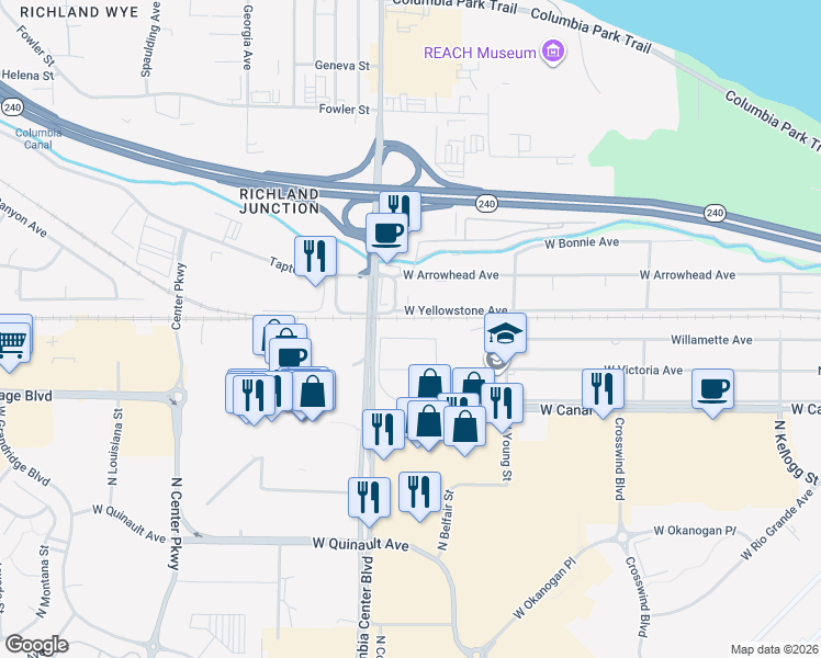 map of restaurants, bars, coffee shops, grocery stores, and more near 7515 West Willamette Avenue in Kennewick