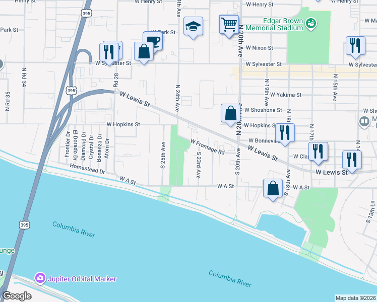 map of restaurants, bars, coffee shops, grocery stores, and more near 2320 W Frontage Rd in Pasco