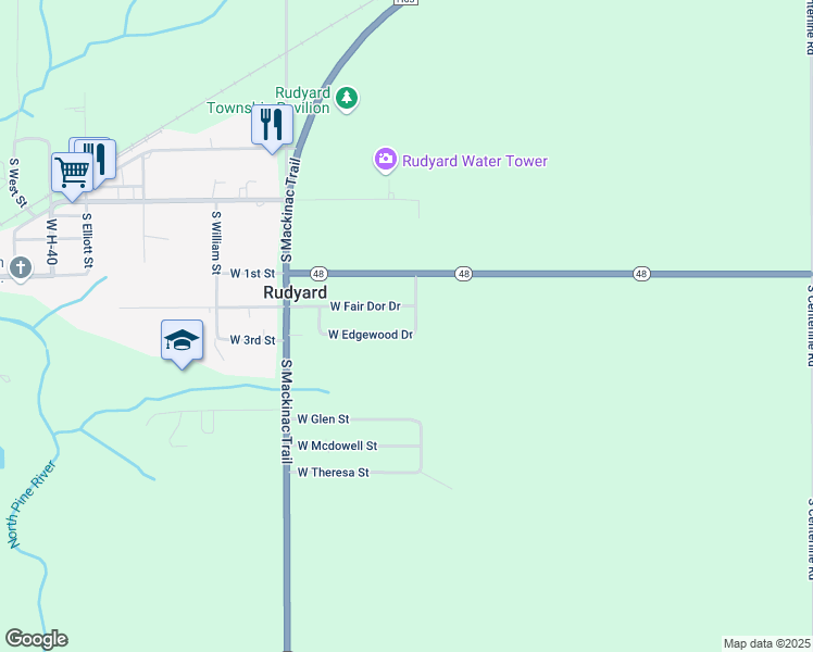 map of restaurants, bars, coffee shops, grocery stores, and more near 19036 East Dor Drive in Rudyard