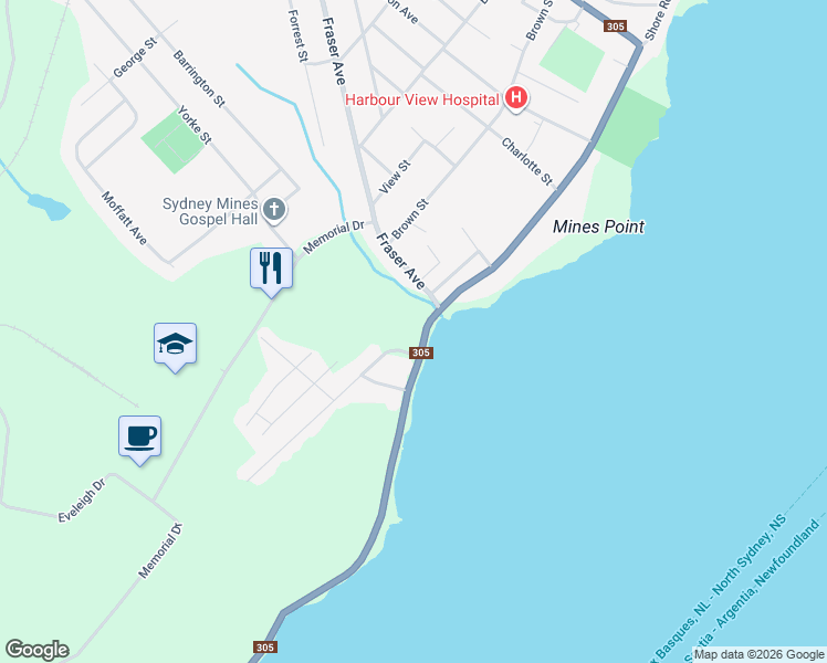 map of restaurants, bars, coffee shops, grocery stores, and more near 750 Shore Road in Sydney Mines