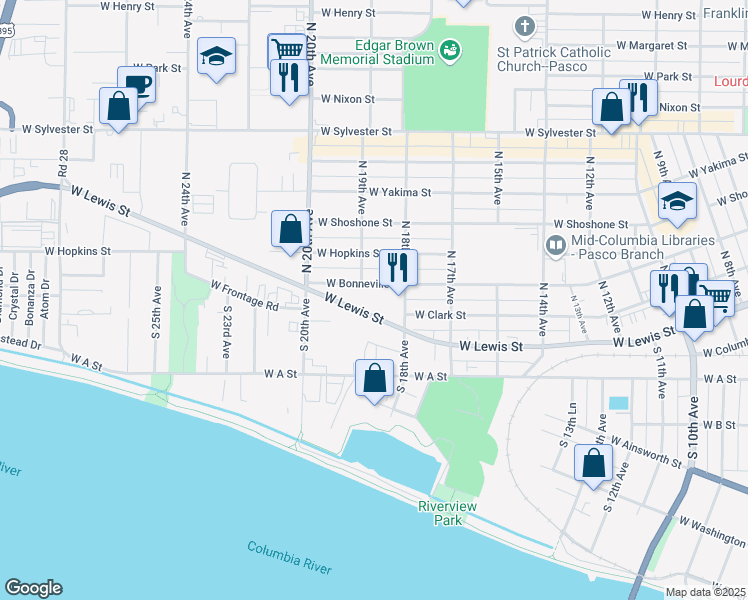 map of restaurants, bars, coffee shops, grocery stores, and more near 1905 West Lewis Street in Pasco