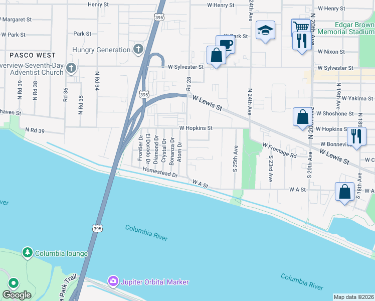 map of restaurants, bars, coffee shops, grocery stores, and more near 600 South Road 28 in Pasco