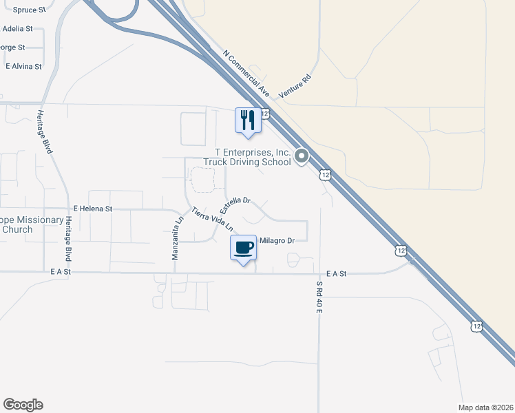 map of restaurants, bars, coffee shops, grocery stores, and more near Estrella Drive in Pasco