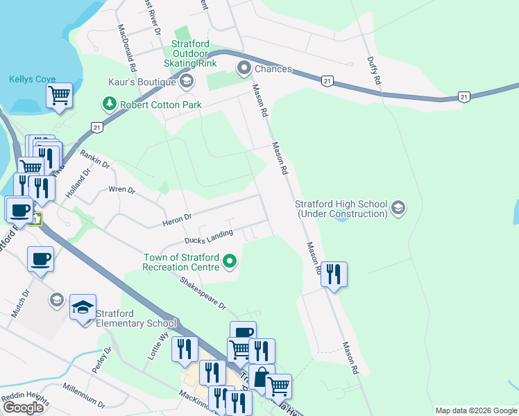 map of restaurants, bars, coffee shops, grocery stores, and more near 136 Squire Lane in Stratford