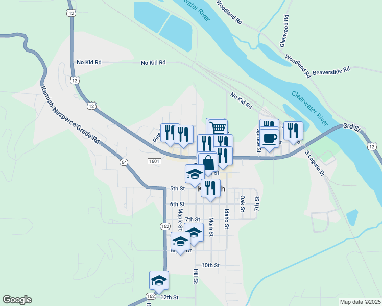 map of restaurants, bars, coffee shops, grocery stores, and more near 120 Hillside Drive in Kamiah