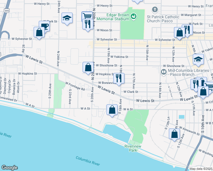 map of restaurants, bars, coffee shops, grocery stores, and more near 1905 West Lewis Street in Pasco
