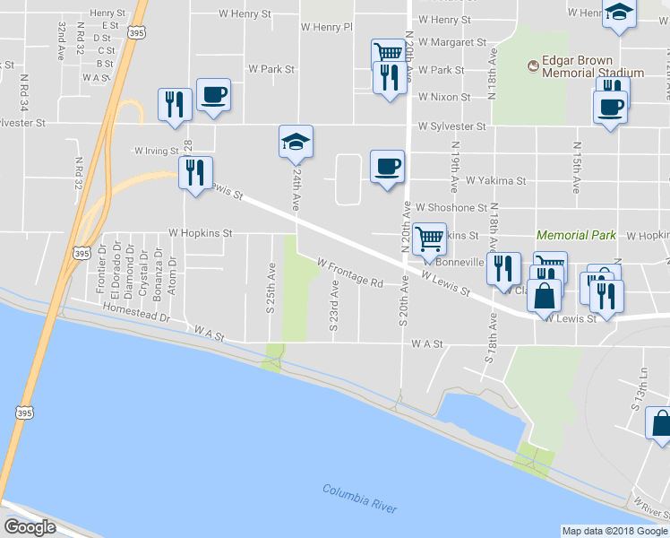 map of restaurants, bars, coffee shops, grocery stores, and more near 2298 West Frontage Road in Pasco
