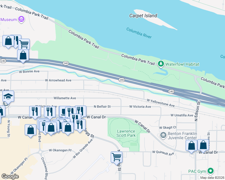 map of restaurants, bars, coffee shops, grocery stores, and more near 6111 West Arrowhead Avenue in Kennewick