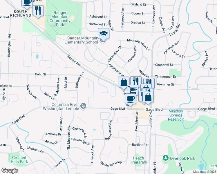 map of restaurants, bars, coffee shops, grocery stores, and more near 1708 Silverwood Drive in Richland