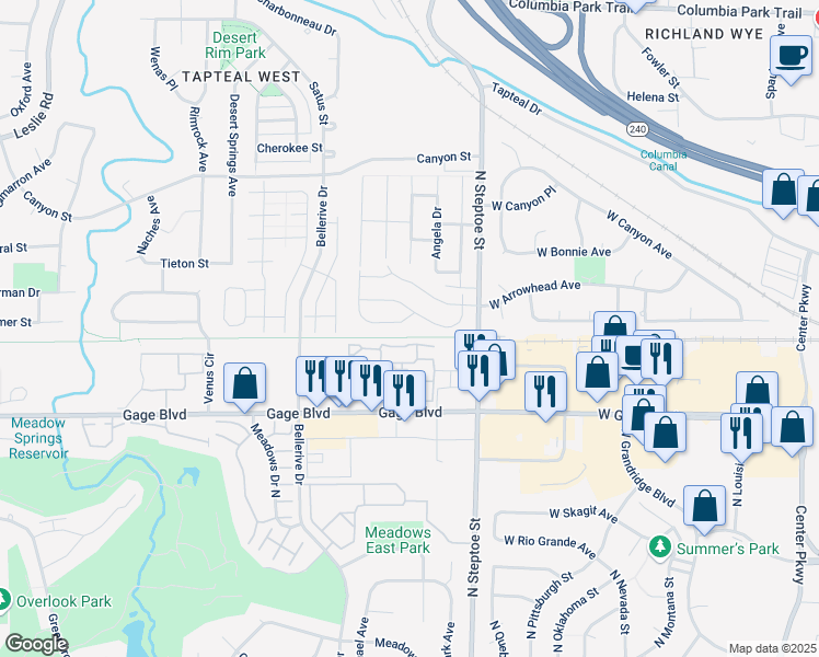 map of restaurants, bars, coffee shops, grocery stores, and more near 9153 West Yellowstone Avenue in Kennewick