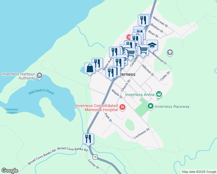 map of restaurants, bars, coffee shops, grocery stores, and more near 5 Central Avenue in Inverness