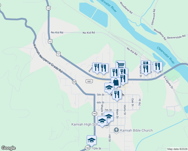 map of restaurants, bars, coffee shops, grocery stores, and more near 209 Pine Road in Kamiah