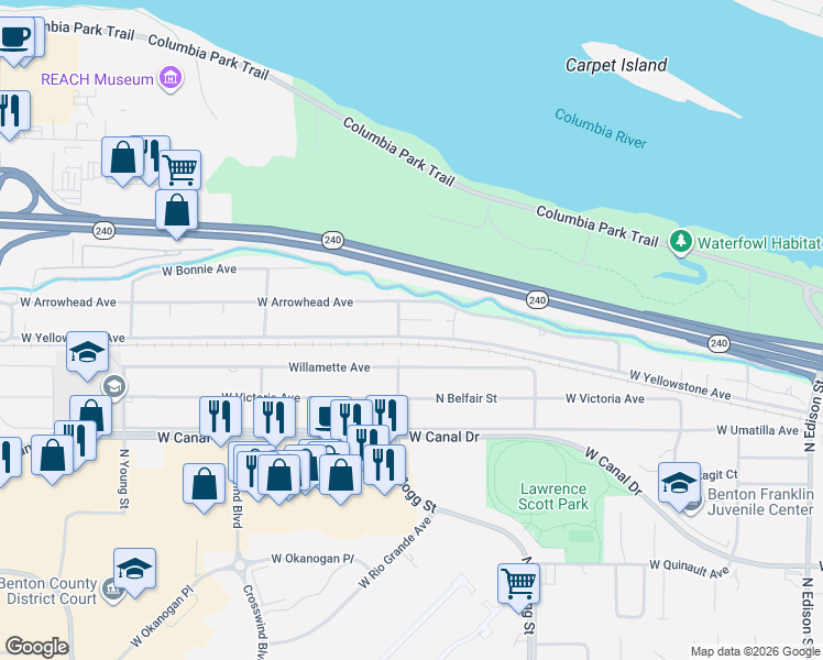 map of restaurants, bars, coffee shops, grocery stores, and more near 6307 West Arrowhead Avenue in Kennewick