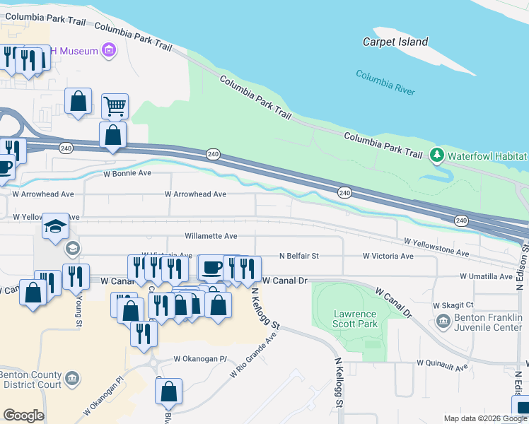 map of restaurants, bars, coffee shops, grocery stores, and more near 6307 West Arrowhead Avenue in Kennewick