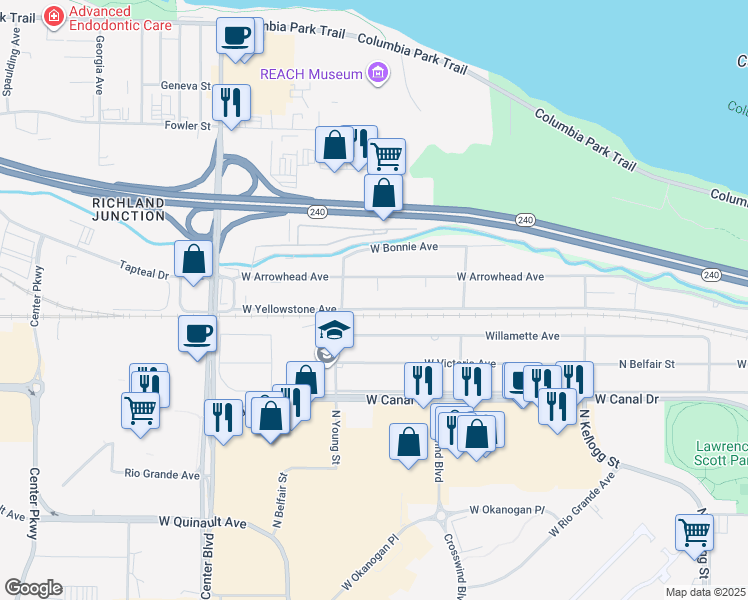 map of restaurants, bars, coffee shops, grocery stores, and more near 7113 West Arrowhead Avenue in Kennewick