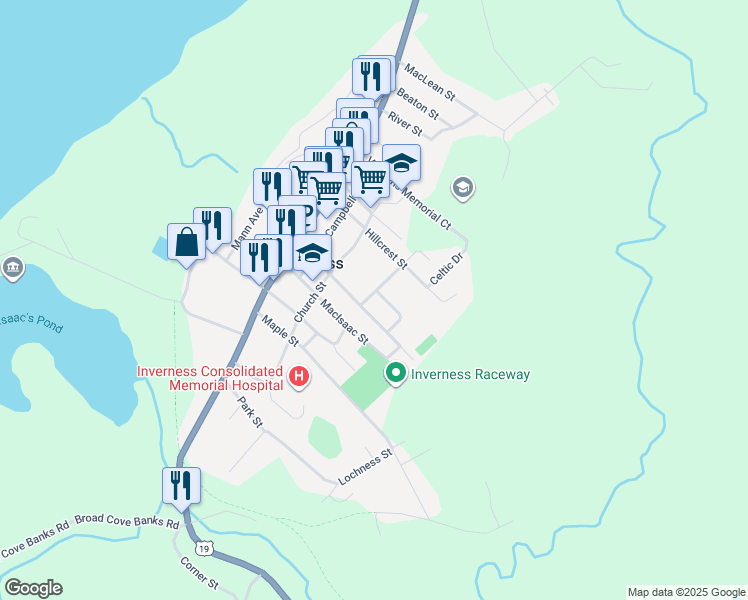 map of restaurants, bars, coffee shops, grocery stores, and more near 10 Forest Street Extension in Inverness