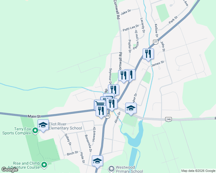 map of restaurants, bars, coffee shops, grocery stores, and more near 24 Heatherway Drive in Cornwall