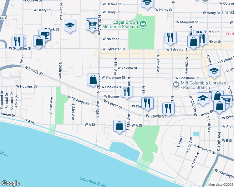 map of restaurants, bars, coffee shops, grocery stores, and more near 203 North 19th Avenue in Pasco