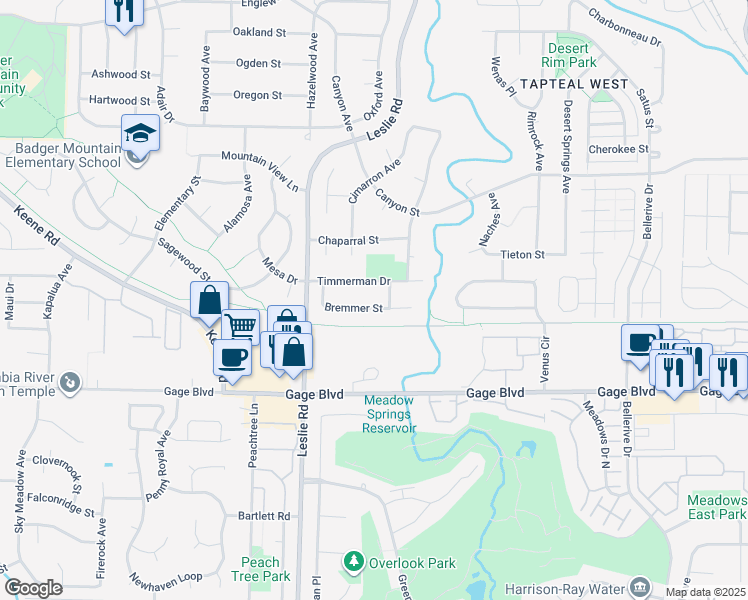 map of restaurants, bars, coffee shops, grocery stores, and more near 118 Bremmer Street in Richland