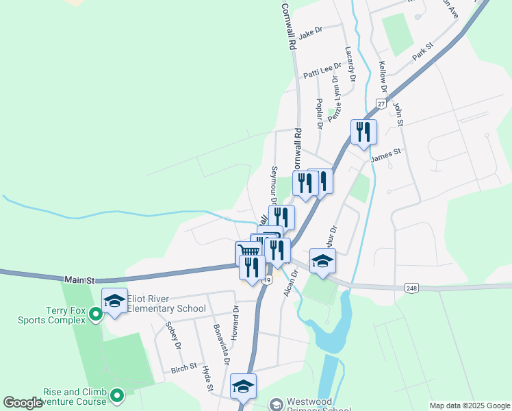 map of restaurants, bars, coffee shops, grocery stores, and more near 24 Heatherway Drive in Cornwall