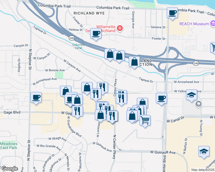 map of restaurants, bars, coffee shops, grocery stores, and more near 8306 West Yellowstone Avenue in Kennewick