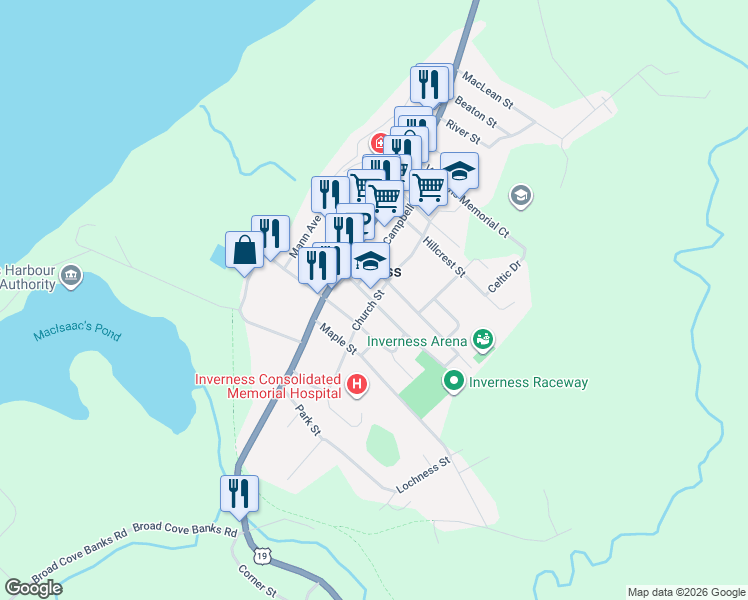 map of restaurants, bars, coffee shops, grocery stores, and more near 73 Church St in Inverness