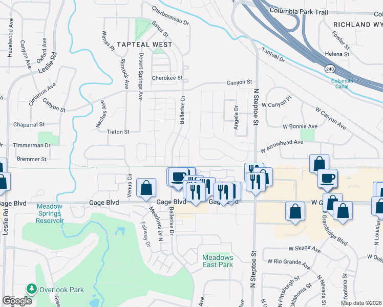 map of restaurants, bars, coffee shops, grocery stores, and more near 2168 North Vermont Loop in Kennewick
