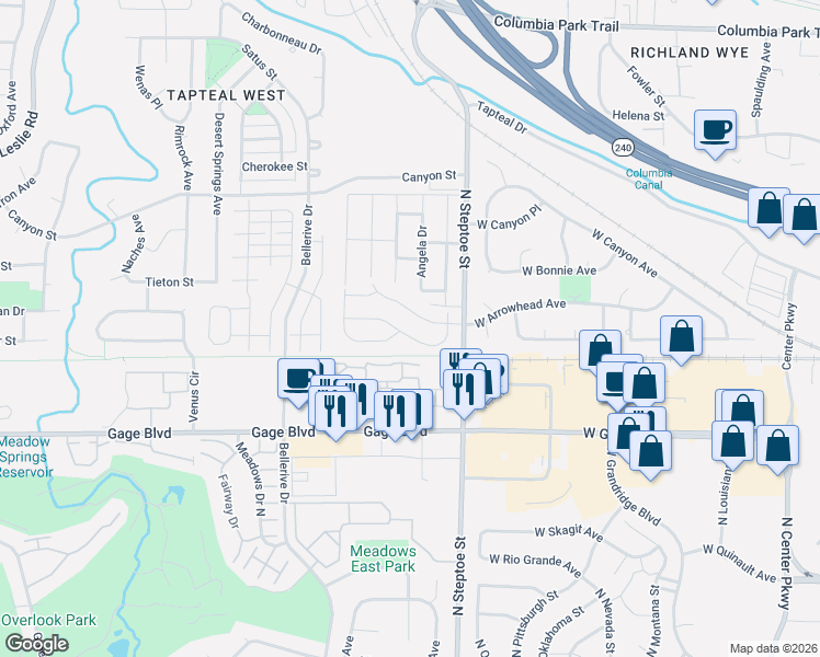 map of restaurants, bars, coffee shops, grocery stores, and more near 9115 West Arrowhead Avenue in Kennewick