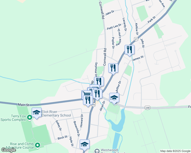 map of restaurants, bars, coffee shops, grocery stores, and more near 24 Heatherway Drive in Cornwall
