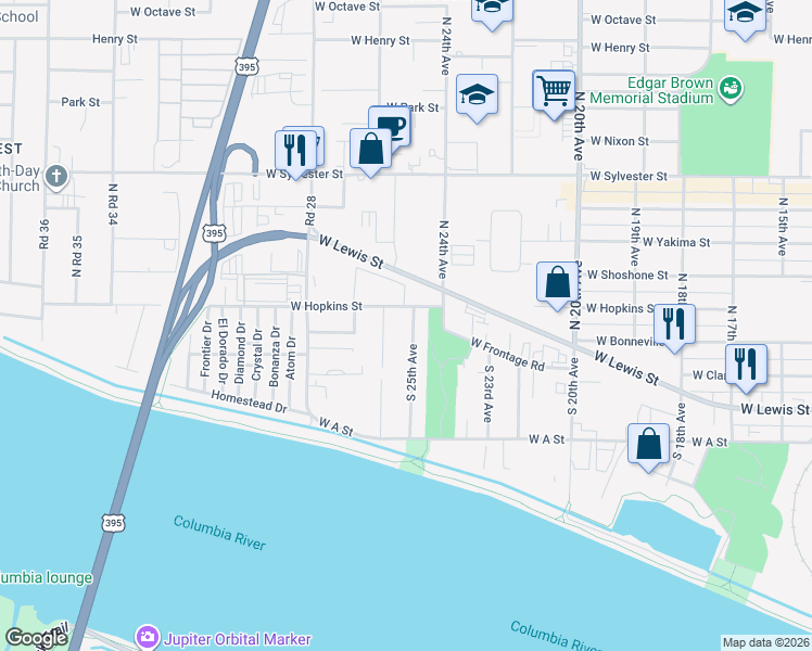 map of restaurants, bars, coffee shops, grocery stores, and more near 316 South 25th Avenue in Pasco