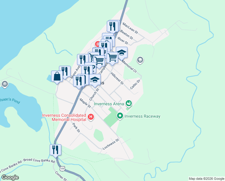 map of restaurants, bars, coffee shops, grocery stores, and more near 26 Forest Street Extension in Inverness