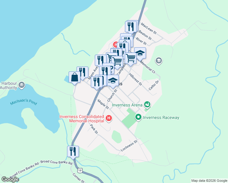 map of restaurants, bars, coffee shops, grocery stores, and more near 73 Church Street in Inverness