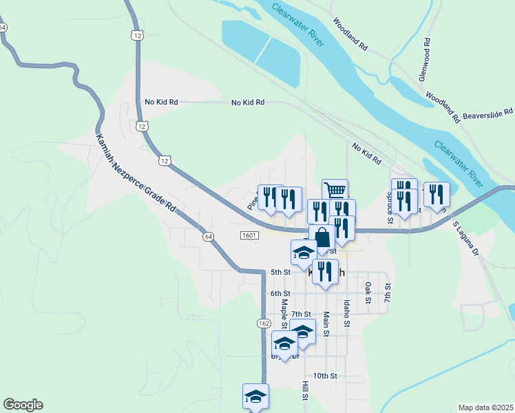 map of restaurants, bars, coffee shops, grocery stores, and more near 209 Pine Road in Kamiah