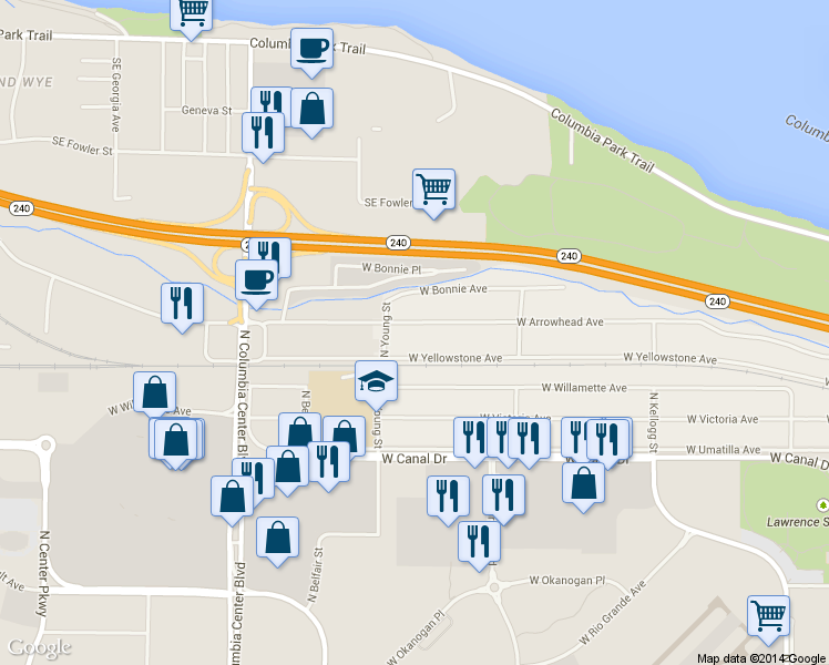 map of restaurants, bars, coffee shops, grocery stores, and more near 7113 West Arrowhead Avenue in Kennewick